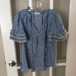Max Studio Blue Floral Puff Sleeve Peasant Blouse